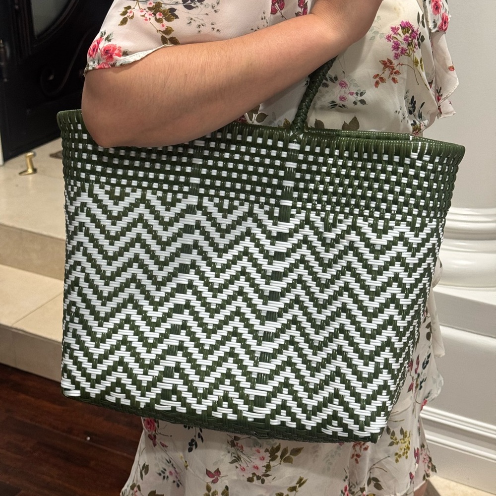 Stylish Green and White Woven Tote Bag